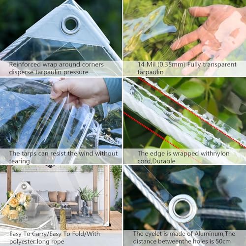 LC&QS Clear Tarps Heavy Duty PVC, Transparent Tarp Durable Waterproof Dustproof Windproof, Tarpaulin with Grommets & Ropes for Greenhouse, Patio, Garden, Pavilion, Chicken, Porch, Outdoor(12' x 20') - size: 12' x 20'（3.6x6m）
