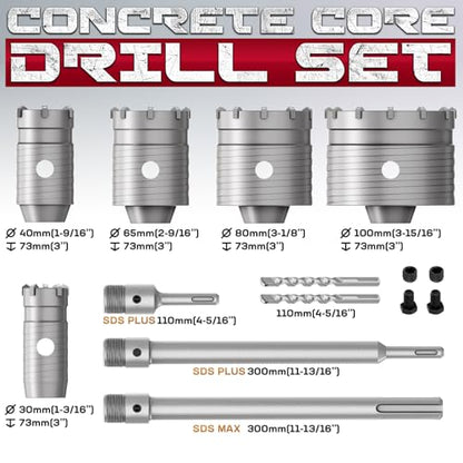 DAIMIT 16PCS Concrete Hole Saw Kits with 2 Drill Bits and SDS Plus & Max Shank, Hole Saw Tool Set for Concrete Cement Brick Stone Wall Drilling, Kit Size 30 40 65 80 100MM - size: 30 40 65 80 100MM