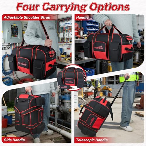 MELOTOUGH Rolling Tool Bag with Wheels, Heavy Duty Large Tool Bag with Concealed Telescoping Handle, Multi-Pocket Organizer for Construction, Electrician, HVAC, Mechanic - 4 Carrying Options (Red) - style: Rolling Tool Bag Only