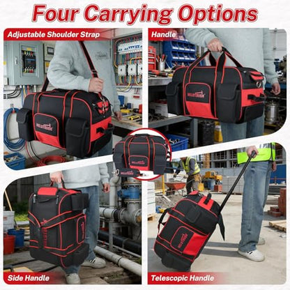 MELOTOUGH Rolling Tool Bag with Wheels, Heavy Duty Large Tool Bag with Concealed Telescoping Handle, Multi-Pocket Organizer for Construction, Electrician, HVAC, Mechanic - 4 Carrying Options (Red) - style: Rolling Tool Bag Only