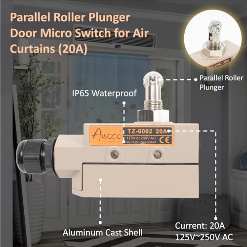 Awoco Heavy Duty Commercial Door Micro Switch with Parallel Roller Plunger for Sliding Doors/Windows for Air Curtains, 250V 20A IP 65 Limit Switch Type NO and Type NC (TZ-6002-20A) - style: TZ-6002-20A