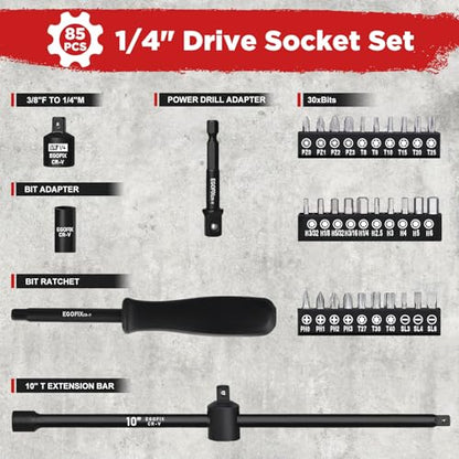 1/4" Socket Set 85 Piece, Metric Shallow/Deep Sockets (4-15mm) and SAE Shallow/Deep Sockets (5/32-9/16), Screwdriver Bit Set, Tool Kit for Home Use and Automotive Repair - color: 1/4-85pcs