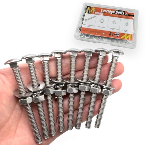 8 Sets 1/4"-20 x3 Carriage Bolts Round Head Square Neck Screws with Hex Nuts Flat Washers Spring Lock Washers 304 Stainless Steel Full Thread Coverage Square Neck Bolts Assortment Kit - size: 1/4"-20 x3"-8 Sets