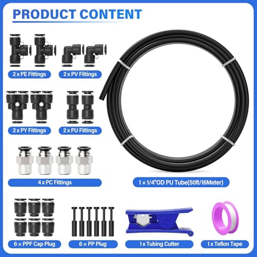 TAILONZ PNEUMATIC Black 1/4 Inch OD 16 Meter 50ft PU Polyurethane Air Tubing Kit Pipe Hose Air Line Tubing Air Hose Fittings Push to Connect Fittings(27PCS) - color: Black, size: 1/4" OD - 50 FT