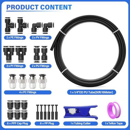 TAILONZ PNEUMATIC Black 1/4 Inch OD 16 Meter 50ft PU Polyurethane Air Tubing Kit Pipe Hose Air Line Tubing Air Hose Fittings Push to Connect Fittings(27PCS) - color: Black, size: 1/4" OD - 50 FT