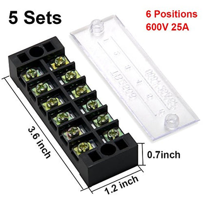 Terminal Block Strip, 6 Circuits 600V 25A, Dual Row Screw, 5 Sets
