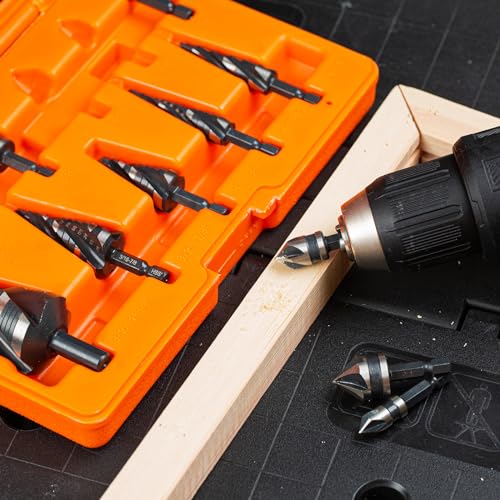 THINKWORK 10Pcs Step Drill Bit & Countersink Set, HSS Four Spiral Flute - size: 1/8"-1-3/8" (10Pcs)