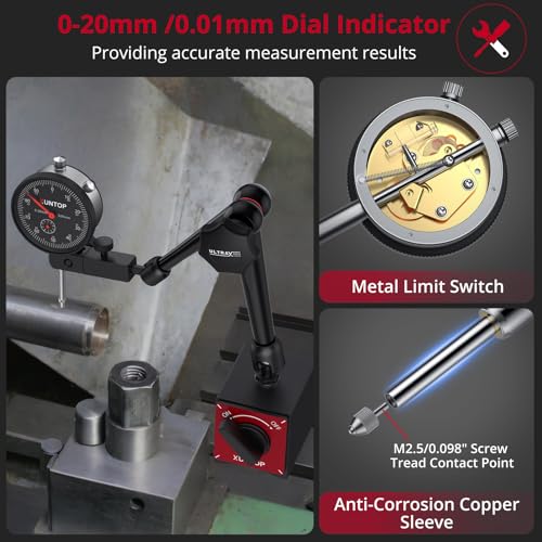 XUNTOP Dial Indicator with 176lbs/80kg Magnetic Base,1inch/0.001inch Imperial Dial Test Gauge Set with Storage Case for Lathe,3D Printer,CNC,Car,Workshop