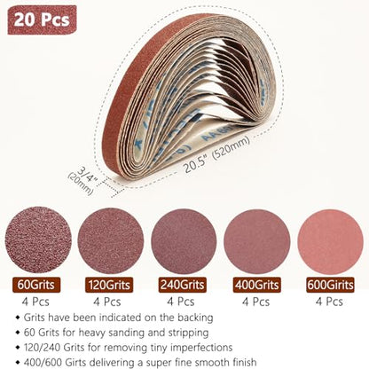 20 Pcs 3/4 x 20.5 Inch Premium Soft Cloth Aluminum Oxide Sanding Belts,4 Pcs Each of 60/120/240/400/600 Grits Sanding Belt for Detailing Bandfile Sander,520 x 20 mm Sanding Belts for Mini Belt Sander.