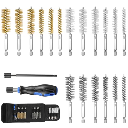 20 Pcs Wire Brush Set for Drill, Wire Brushes for Cleaning Rust Tube Automotive, Nylon, Brass, Stainless Steel Bristles Bore Brush with 1/4" Hex Shank and Tool Bag