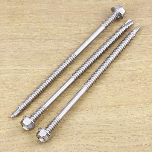 #12 x 5 (25 pcs) Hex Washer Head Self Drilling Screws, 410 Stainless Steel Metal Sheet Tek Screws, Self Tapping Point, No Pre-drilled Hole Needs - size: #12 x 5"