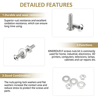 212 Pieces #8-32 x 1/4", 5/16", 3/8", 1/2", 5/8", 3/4", 1", 1-1/4", Button Head Socket Cap Screws Nuts Washers Assortment Kit, 304 Stainless Steel, Fully Machine Thread - size: #8-32, style: Button Head
