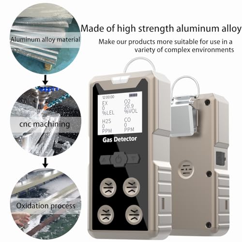 Aluminum Alloy Portable 4 Gas Detector, 4 in 1 Multi Gas Monitor Tester，H2S,O2,CO and EX Rechargeable LCD Display Gas Sniffer Alarm，Gas Clip Sound Light Shock Alarm (Grey) - color: Grey