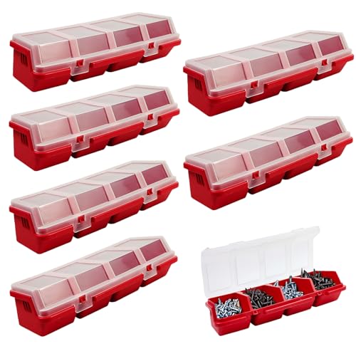 6 Pcs Screw Organizers Storage Bins with Lids, Plastic Stackable Hardware Organizer Box for Garage Nails/Craft Tool Organizing, Tool Cart Cabinet Workbench Drawers with Compartment Bolt Organizer - color: red