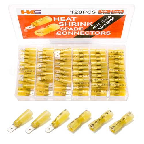 HKS 120PCS/60Pairs Spade Connector Kit - Yellow AWG 12-10 Male & Female Terminal-Heat Shrink Electrical Quick Disconnect Wire Connectors Kit - Tinned Automotive Marine Crimp Waterproof and Insulated - color: Yellow 12-10WG, size: Male & Female