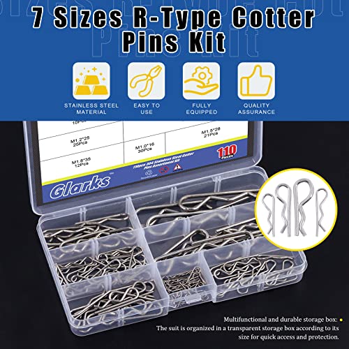 Glarks 110Pcs 304 Stainless Steel Hairpin R Clips Kit 7 Size R Cotter Pins Assortment for Automotive, Mechanics, Car Garage, Power Equipment, Cars, Trucks, Lawn Mower, Small Engine Repair