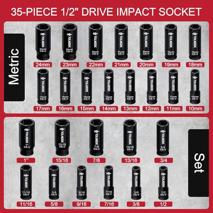 63-Piece 1/2" Drive Impact Socket Set, SAE (3/8 to 1 inch) and Metric (10-24mm) Socket Wrench Set with Extension Bars, Palm Ratchet Kit, CR-V Steel for Auto/Industrial Repairs - size: 63-Piece 1/2" Drive Impact Socket Set