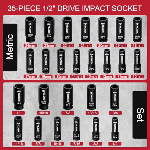 63-Piece 1/2" Drive Impact Socket Set, SAE (3/8 to 1 inch) and Metric (10-24mm) Socket Wrench Set with Extension Bars, Palm Ratchet Kit, CR-V Steel for Auto/Industrial Repairs - size: 63-Piece 1/2" Drive Impact Socket Set