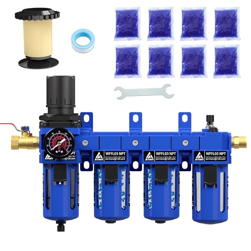3/8" NPT Compressed Air Filter Regulator Lubricator Combo,Air Compressor Dryer Oil Water Separator,Brass Cartridge with Double Desiccant - Gauge(0-150 psi), Poly Bowl, Semi-Auto Drain, Bracket - color: 4 Stage, size: 3/8'' NPT