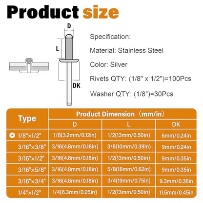 130pcs 1/8" x 1/2" Stainless Steel Pop Rivets with Stainless Steel Washers 3.2 x 12.7mm Blind Rivet Assortment Kit - size: 1/8*1/2