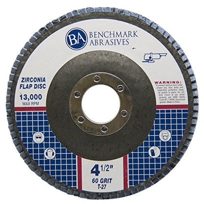 Benchmark Abrasives 4.5" Premium Zirconia Type 27 Flap Discs Grinding Wheels for Sanding Stock Rust Removal Finishing Grinding Deburring Stainless Steel, 7/8" Arbor (10 Pack) - 60 Grit - style: 60 Grit
