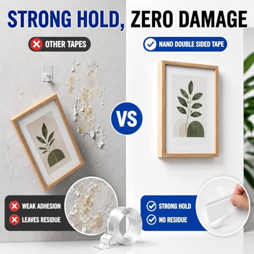 Double Sided Tape Heavy Duty, Nano Clear Mounting Tape, Picture Hanging Poster Carpet Tape for Walls, Dorm Office School Outdoor, Removable Adhesive 【2 Rolls】（9.85FTx1.2in&0.8in - size: 19.7 Feet