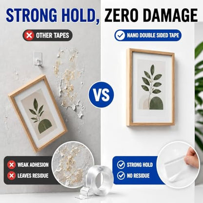 Double Sided Tape Heavy Duty, Nano Clear Mounting Tape, Picture Hanging Poster Carpet Tape for Walls, Dorm Office School Outdoor, Removable Adhesive 【2 Rolls】（9.85FTx1.2in&0.8in - size: 19.7 Feet
