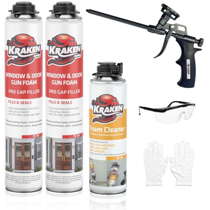 Kraken Bond Window & Door Expanding Foam Sealant - (2x24oz) Professional Gap Filling Gun Use Polyurethane Spray Foam, Low Expansion Waterproof Gap Filler, Gun&Cleaner Included - 2 Pack - size: 2 Pack