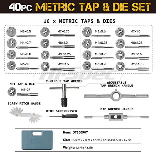 Hi-Spec Metric Tap and Die Set M3-M12 with Wrench and Gauge for Workshop - size: Metric