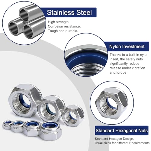 252 Pcs Metric Stainless Steel Nylon Insert Lock Nuts Assortment
