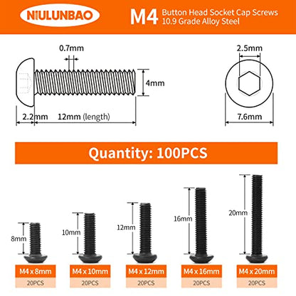 M4 x 8mm 10mm 12mm 16mm 20mm Button Head Socket Cap Screws Bolts, 10.9 Grade Alloy Steel Metric, Black Oxide Finish, Allen Hex Drive, Machine Fully Threaded, Assortment Kit 100PCS - size: M4 x 8/10/12/16/20mm (100PCS)