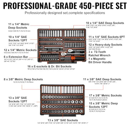 VEVOR Mechanics Tool Set and Socket Set, 1/4" 3/8" 1/2" Drive, 450 PCS - size: 450-PCS