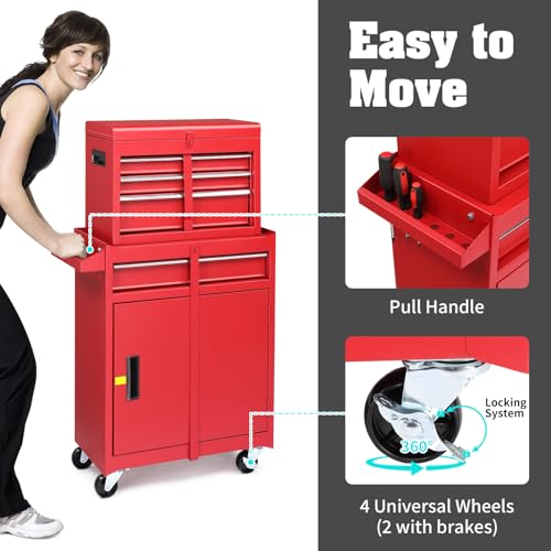 Winado 4-Drawer Rolling Tool Chest, 2-in-1 Large Storage Toolbox, Red - color: Red