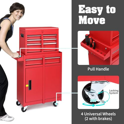 Winado 4-Drawer Rolling Tool Chest, 2-in-1 Large Storage Toolbox, Red - color: Red