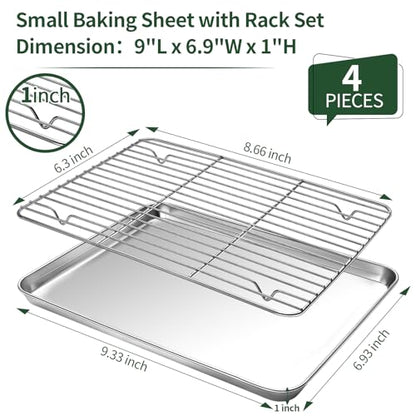 Small Baking Sheet with Cooling Rack Set [2 Baking Pans + 2 Wire Racks], CEKEE Stainless Steel Cookie Sheets for Baking, Heavy Duty & Dishwasher Safe Baking Sheets for Oven, Size 9 x 7 x 1 Inch - size: 9 inch