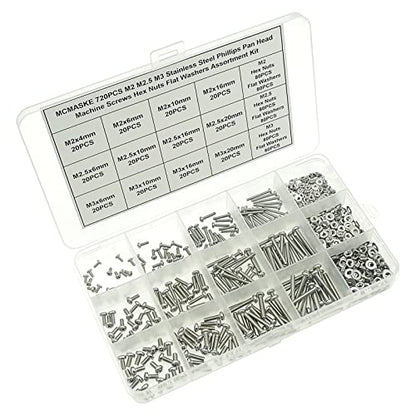 720PCS 304 SS Metric M2-M3 Pan Head Machine Screws Nuts Washers Kit - size: M2, M2.5, M3