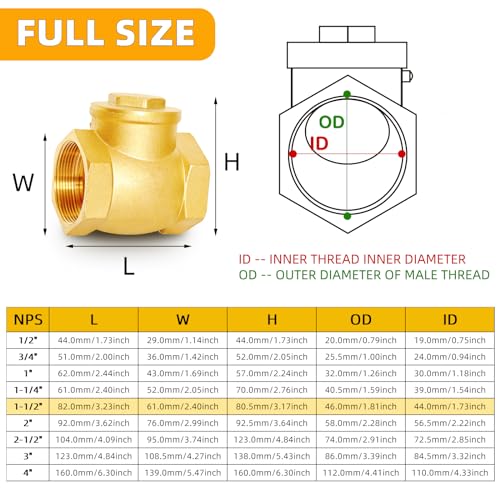 1-1/2" NPT Horizontal Swing Check Valve Brass Heavy-Duty Female Thread DN40 - size: 1 1/2 inch
