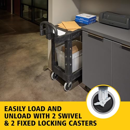 Rubbermaid Commercial Products Heavy Duty 2-Shelf Utility/Service Cart, Small, Flat Shelves, Ergonomic Handle, 500 lbs. Capacity, for Warehouse/Garage/Cleaning/Maintenance - size: Small 2-Shelf, style: Ergonomic Handle