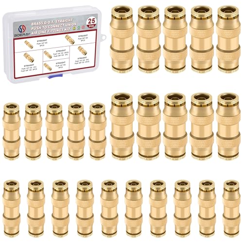25PCS 1/4" 3/8" Brass Dot Air Line Fittings Kit, Straight Union Kit - size: 1/4" + 3/8"
