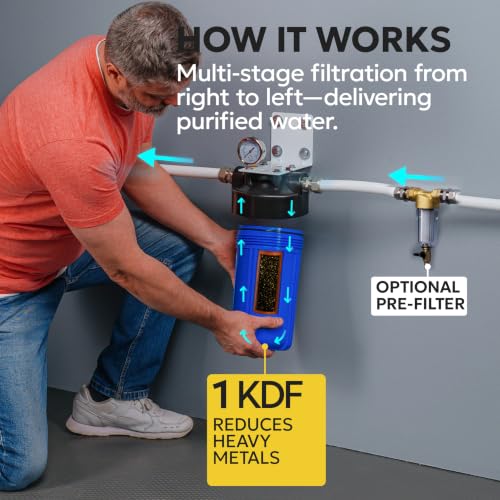 Aquaboon Whole House Water Filter System for Well Water with10x4.5 KDF Heavy Metals Purification Cartrige | NSF Certified, Pressure Gauges & Releas, Wrench, Bracket 1" NPT - color: 10 Inch, size: Heavy Metals (KDF) Filter
