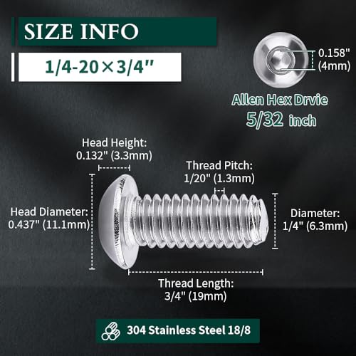 1/4-20 x 3/4" Button Head Socket Cap Bolts Screws, 304 Stainless Steel 18-8, Allen Hex Drive, Bright Finish, Fully Machine Thread, Pack of 25 - size: 1/4-20 x 3/4