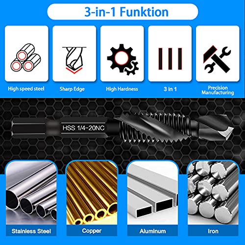 Drill & Tap Bits Set of 13 pcs - 6 SAE Sizes: 6-32NC to 1/4-20NC, 6 Metric Sizes: M3 to M10 and a Quick-Change Adapter – Combine Drilling Tapping Threading Countersinking Functions in One Bit, Black - size: 13 Pcs Tap Set