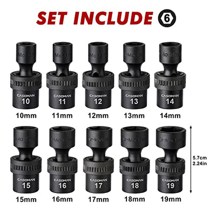 CASOMAN 10 PCS 3/8" Drive Standard Universal Impact Socket Set, 6 Point, CR-MO, Metric,10-19mm - size: 10 PCS 3/8" Dr.(Shallow)