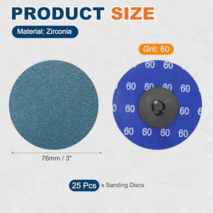 25 Pcs Zirconia Quick Change Sanding Discs 3", 60 Grit - size: 60 Grit