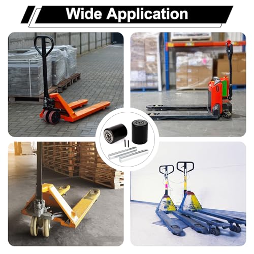 Two Packs of Pallet Jack/Truck Wheels 3” x 3.75” PU Poly Tread, 20mm ID Bearings, Full Set with Axles, Pins and Entry Exit Roller - color: Black