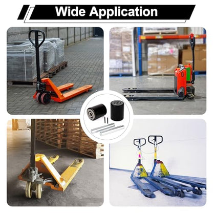 Two Packs of Pallet Jack/Truck Wheels 3” x 3.75” PU Poly Tread, 20mm ID Bearings, Full Set with Axles, Pins and Entry Exit Roller - color: Black