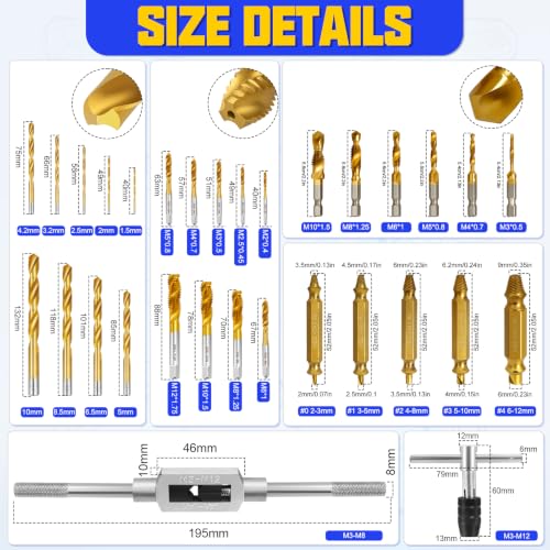 32 Pcs Metric Tap and Die Set, Adjustable Drill and Tap Set with Tap Wrench, Stripped Screw Extractor, Twist Drill Bits, and M2-M12 Taps, Hand Screw HSS Thread Tap Set, Drill Tap Set for Metal Wood - color: 32 Pcs
