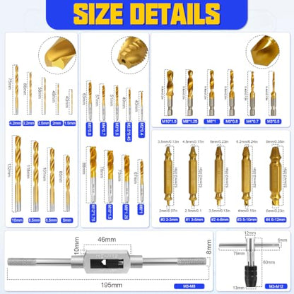 32 Pcs Metric Tap and Die Set, Adjustable Drill and Tap Set with Tap Wrench, Stripped Screw Extractor, Twist Drill Bits, and M2-M12 Taps, Hand Screw HSS Thread Tap Set, Drill Tap Set for Metal Wood - color: 32 Pcs