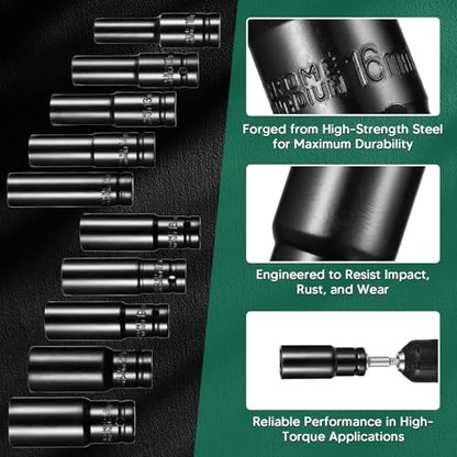 1/2" Drive Metric Impact Socket Set (10–24mm), 10-Piece Heavy Duty Impact Sockets with 2 Extension Bars, Deep Impact Socket Kit for Impact Wrench & Automotive Repair