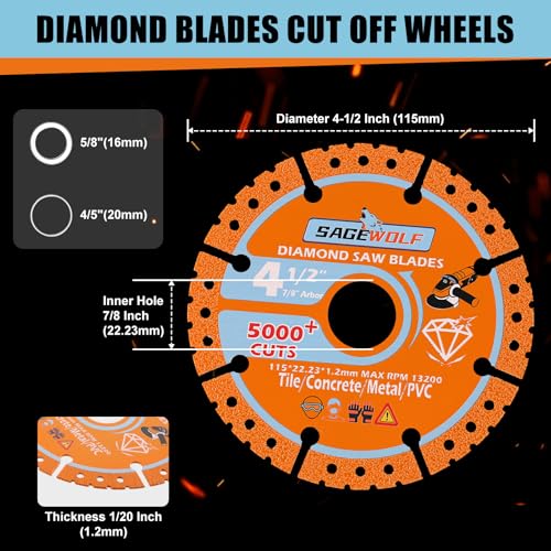 SAGEWOLF 4 1/2 Inch Grinder Diamond Cut Off Wheels Metal Cutting Blade for 7/8 Inch Arbor Angle Grinder Cutting Disc Diamond Grinder Blades on Rebar, Stainless Steel, PVC, Tile, Wood, Iron, 3Pack